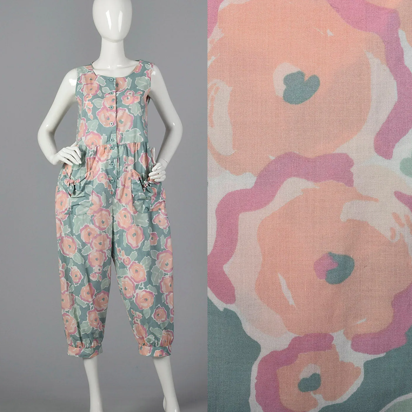 1980s Sage Green Jumpsuit with Pastel Floral Print