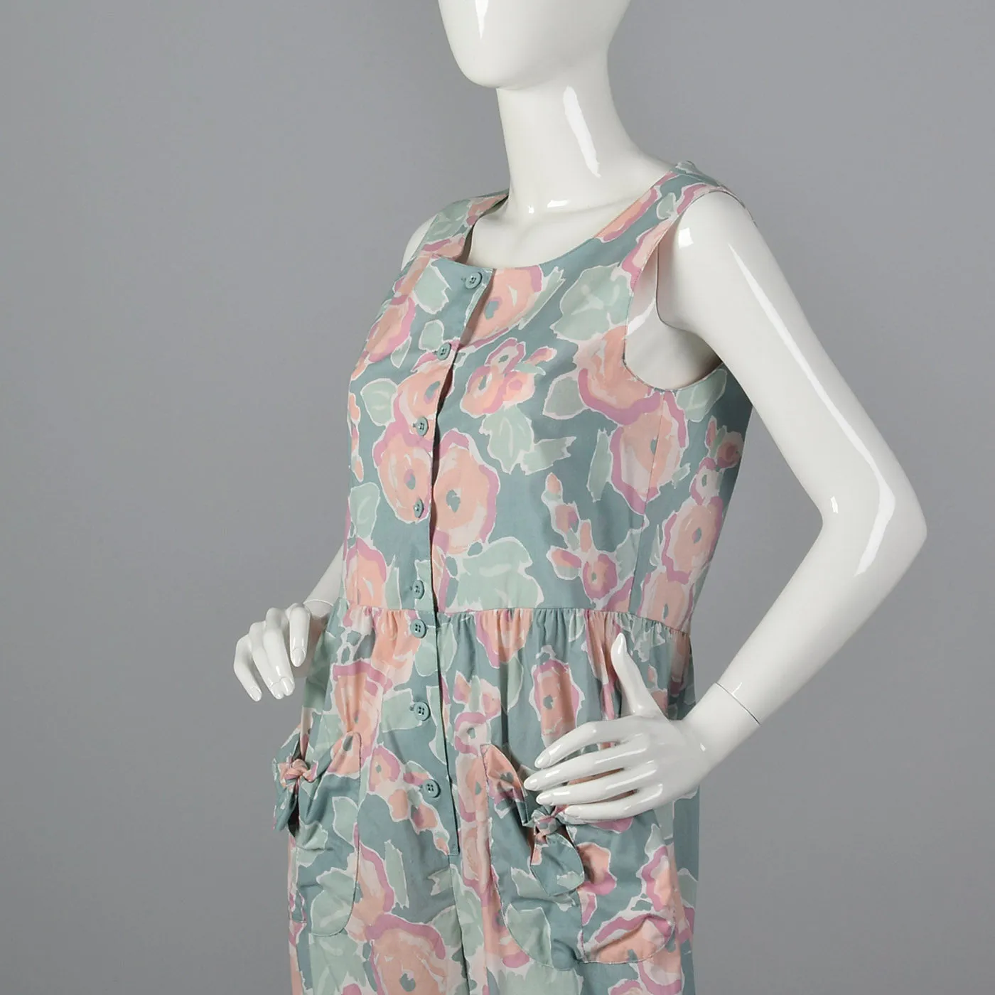 1980s Sage Green Jumpsuit with Pastel Floral Print