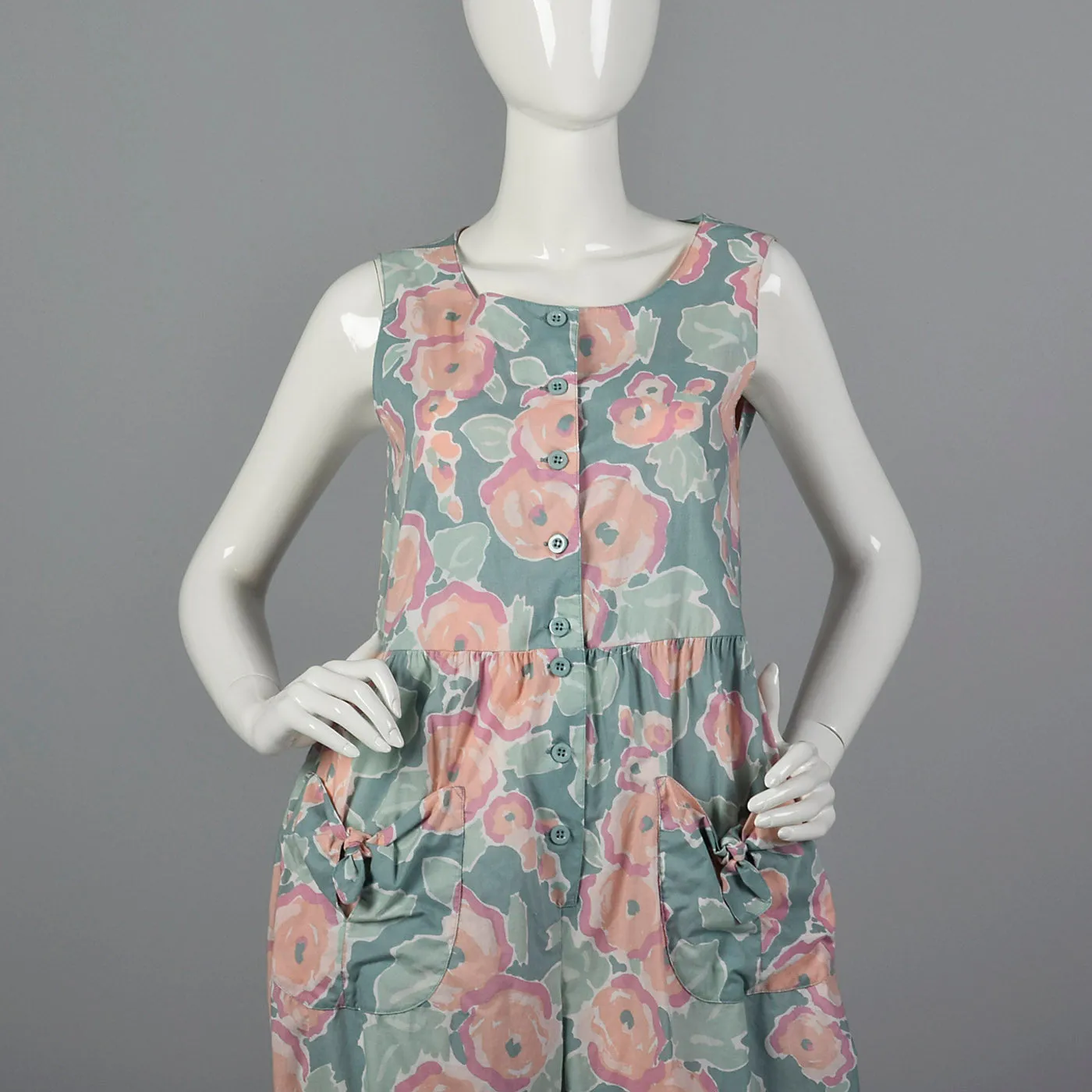 1980s Sage Green Jumpsuit with Pastel Floral Print