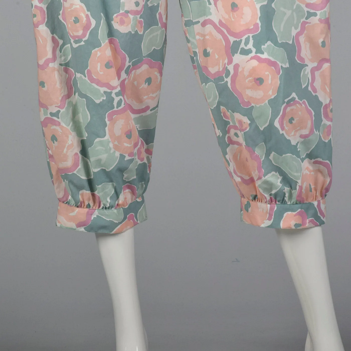 1980s Sage Green Jumpsuit with Pastel Floral Print
