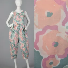 1980s Sage Green Jumpsuit with Pastel Floral Print