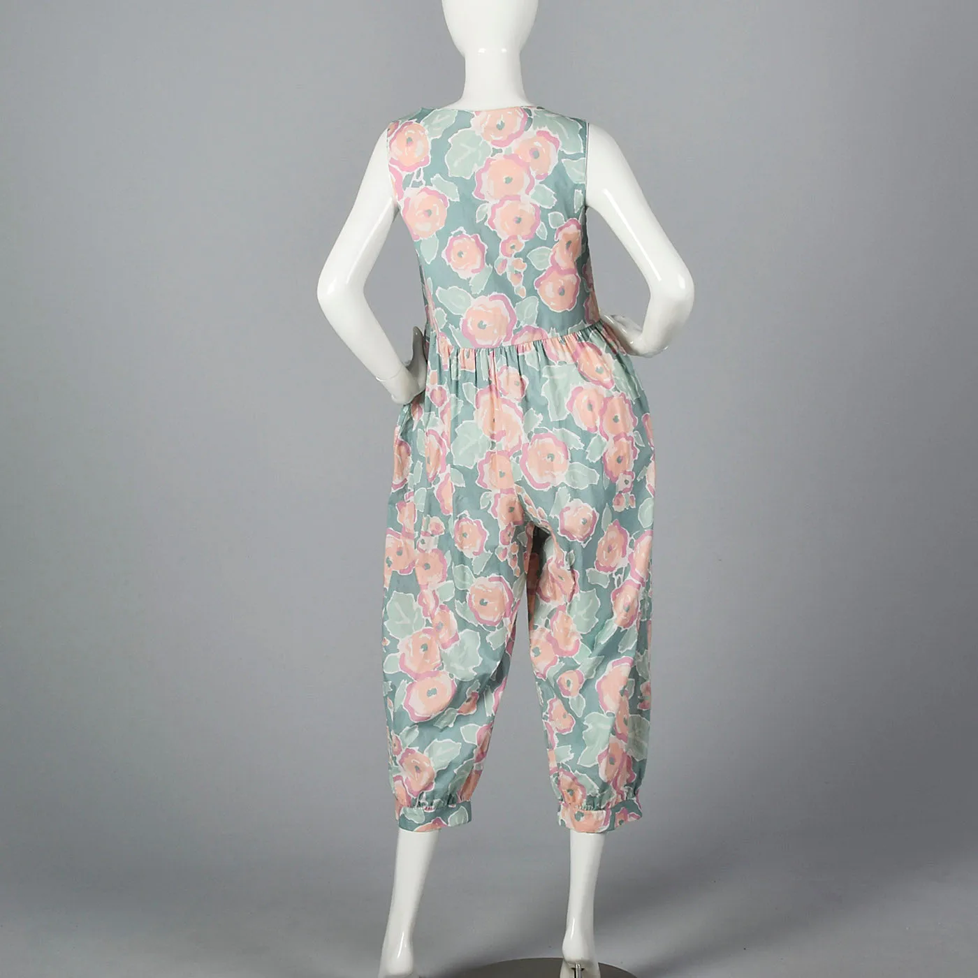 1980s Sage Green Jumpsuit with Pastel Floral Print