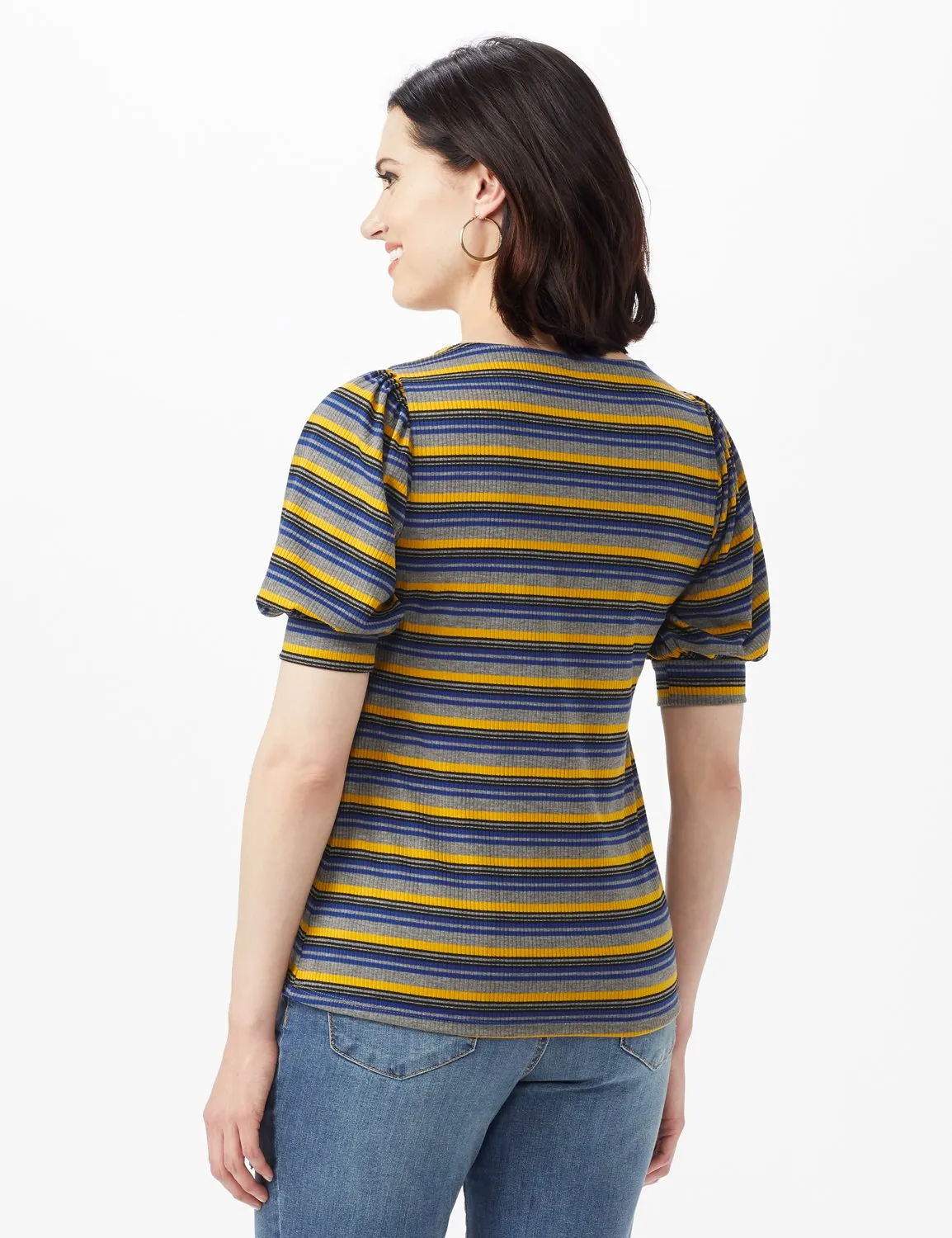 3 Button Stripe Puff Sleeve Knit Top - Petite