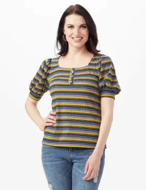 3 Button Stripe Puff Sleeve Knit Top - Petite