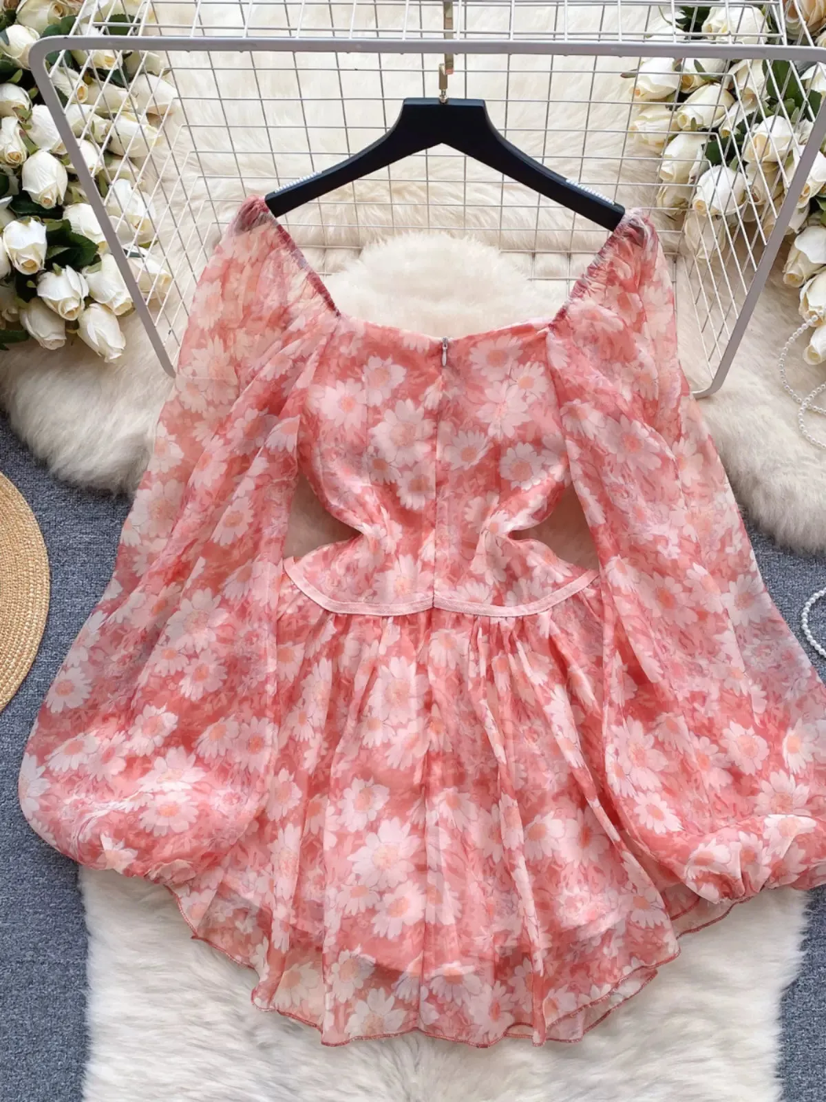 Airy Floral Puff-Sleeve Mini Dress