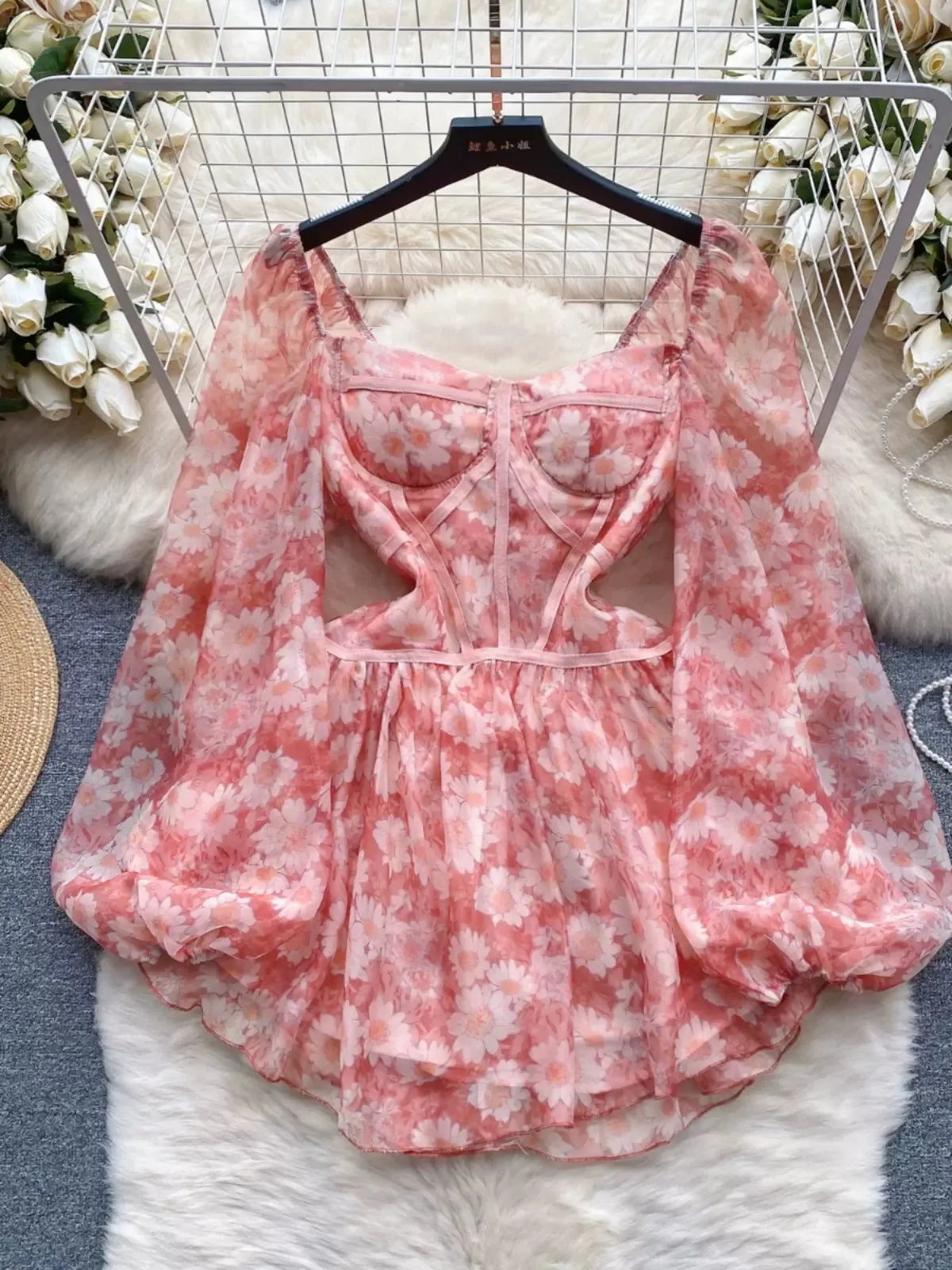 Airy Floral Puff-Sleeve Mini Dress