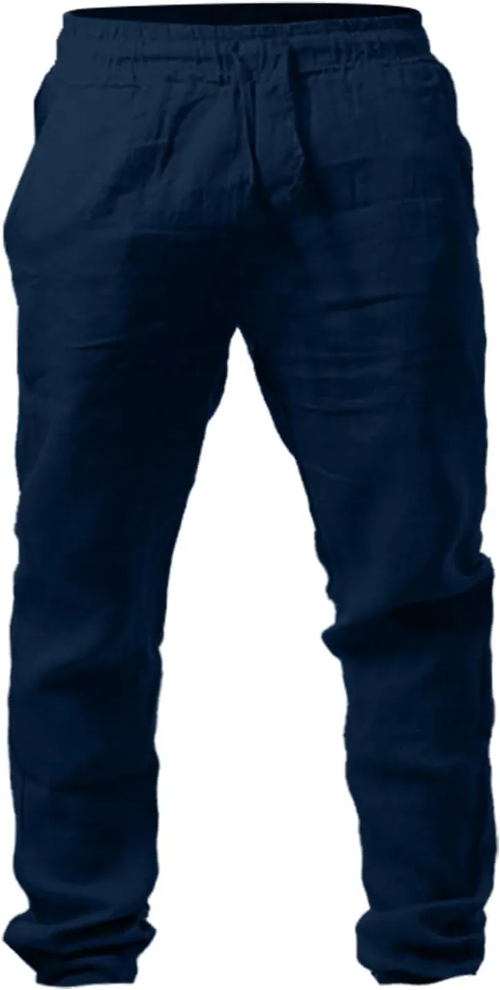 Akklian Mens Casual Linen Pants Loose Fit Elastic Waist Drawstring Straight-Legs Summer Beach Pants Comfy Breathable Trousers