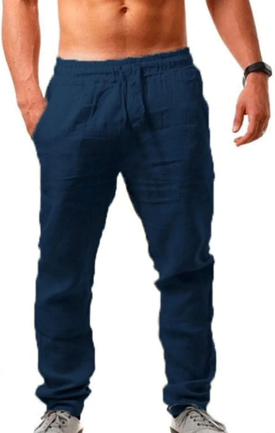 Akklian Mens Casual Linen Pants Loose Fit Elastic Waist Drawstring Straight-Legs Summer Beach Pants Comfy Breathable Trousers