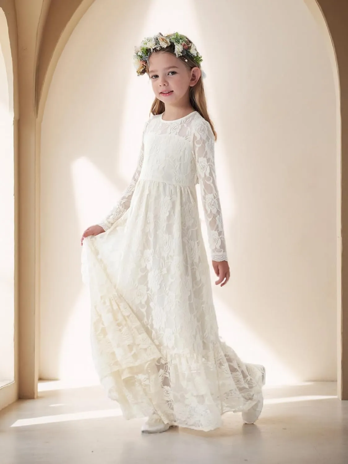 ALLOVIN Girls First Communion Dress Long Sleeve Lace Boho A-Line Flower Girl Dress for Wedding Baptism Party 3-12 Years