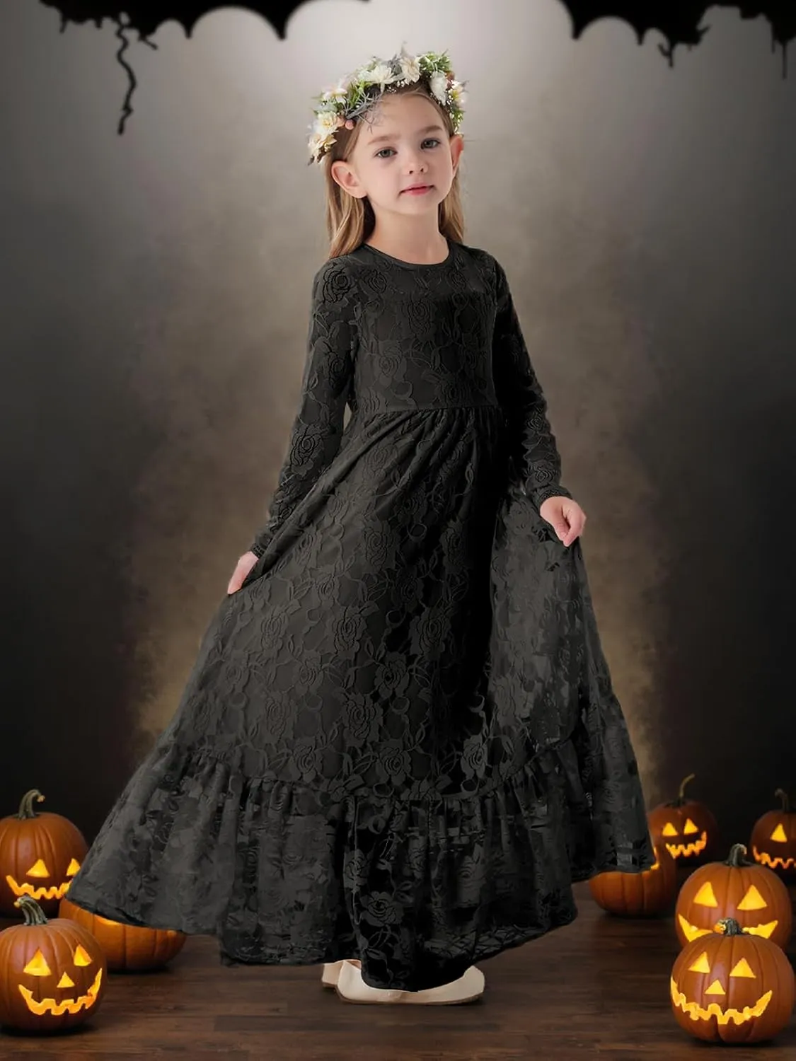 ALLOVIN Girls First Communion Dress Long Sleeve Lace Boho A-Line Flower Girl Dress for Wedding Baptism Party 3-12 Years