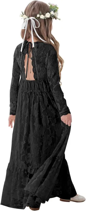 ALLOVIN Girls First Communion Dress Long Sleeve Lace Boho A-Line Flower Girl Dress for Wedding Baptism Party 3-12 Years