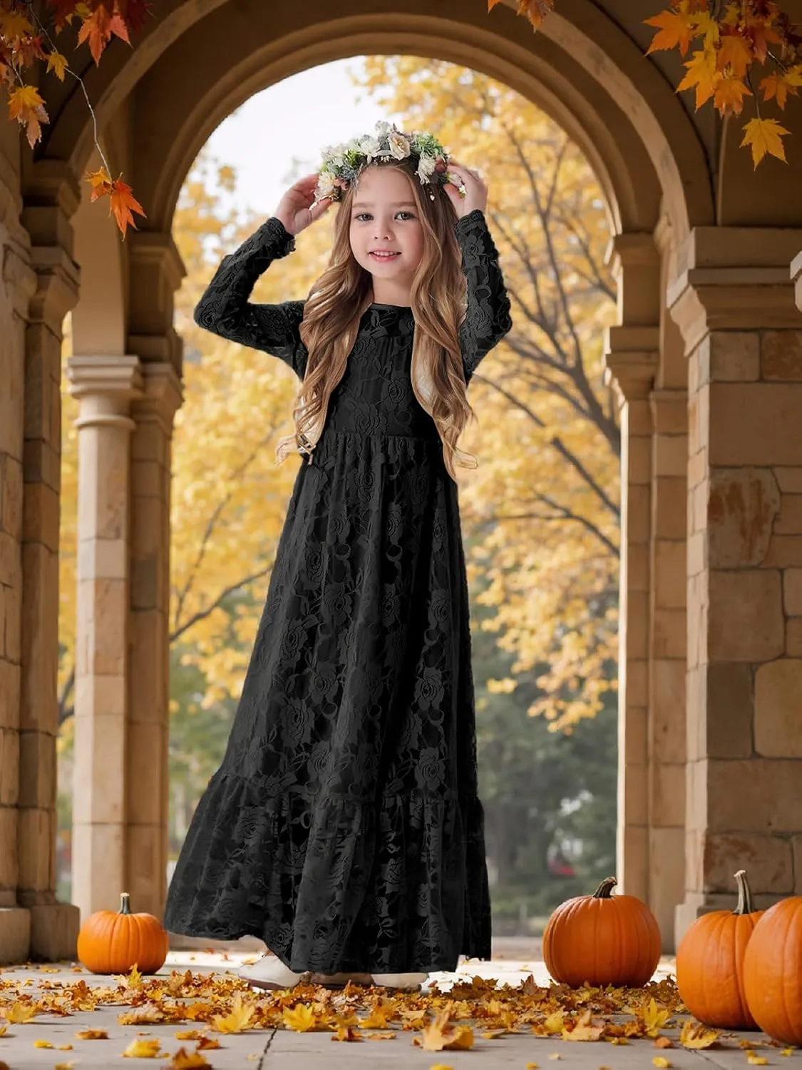 ALLOVIN Girls First Communion Dress Long Sleeve Lace Boho A-Line Flower Girl Dress for Wedding Baptism Party 3-12 Years