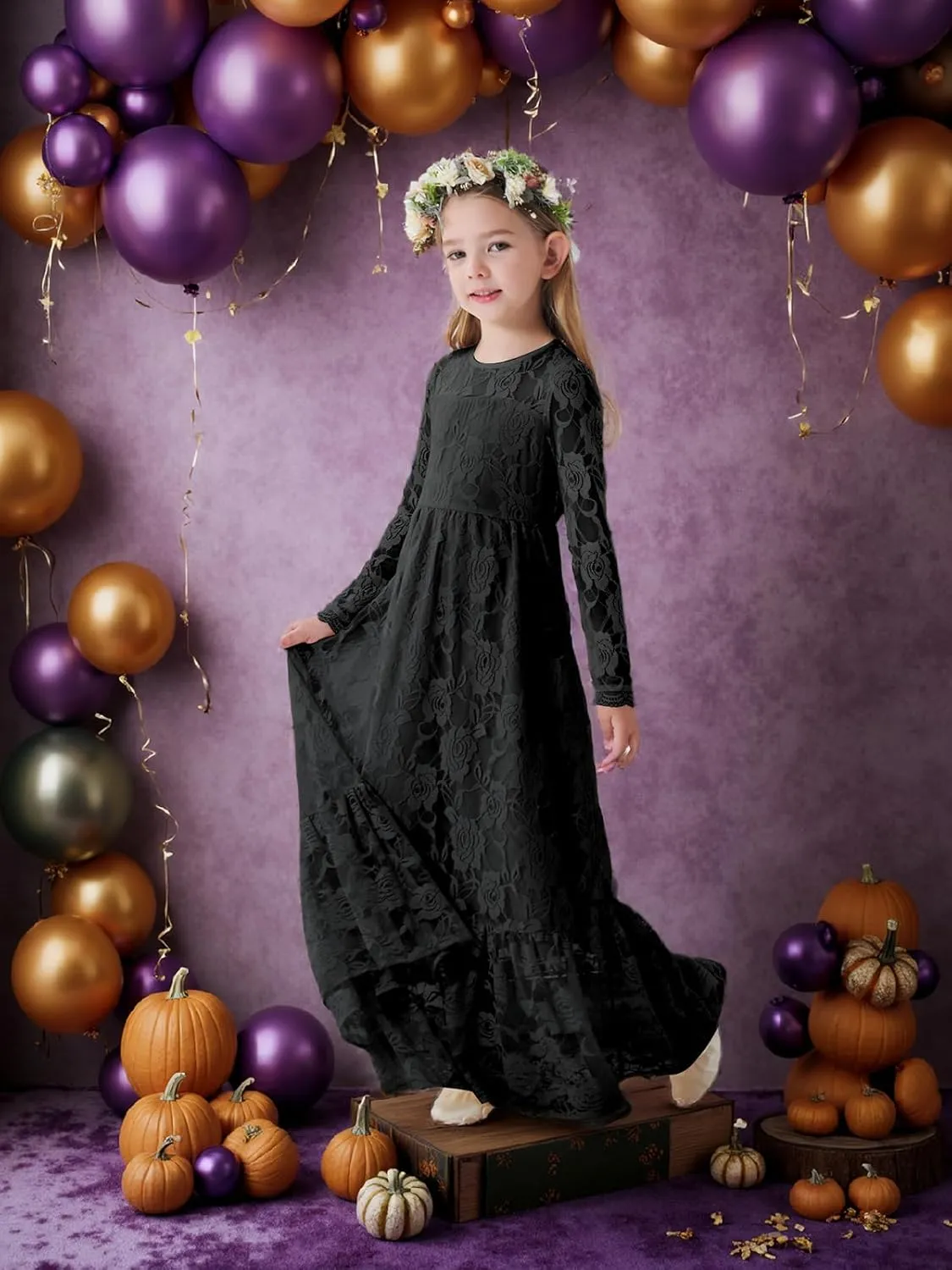 ALLOVIN Girls First Communion Dress Long Sleeve Lace Boho A-Line Flower Girl Dress for Wedding Baptism Party 3-12 Years