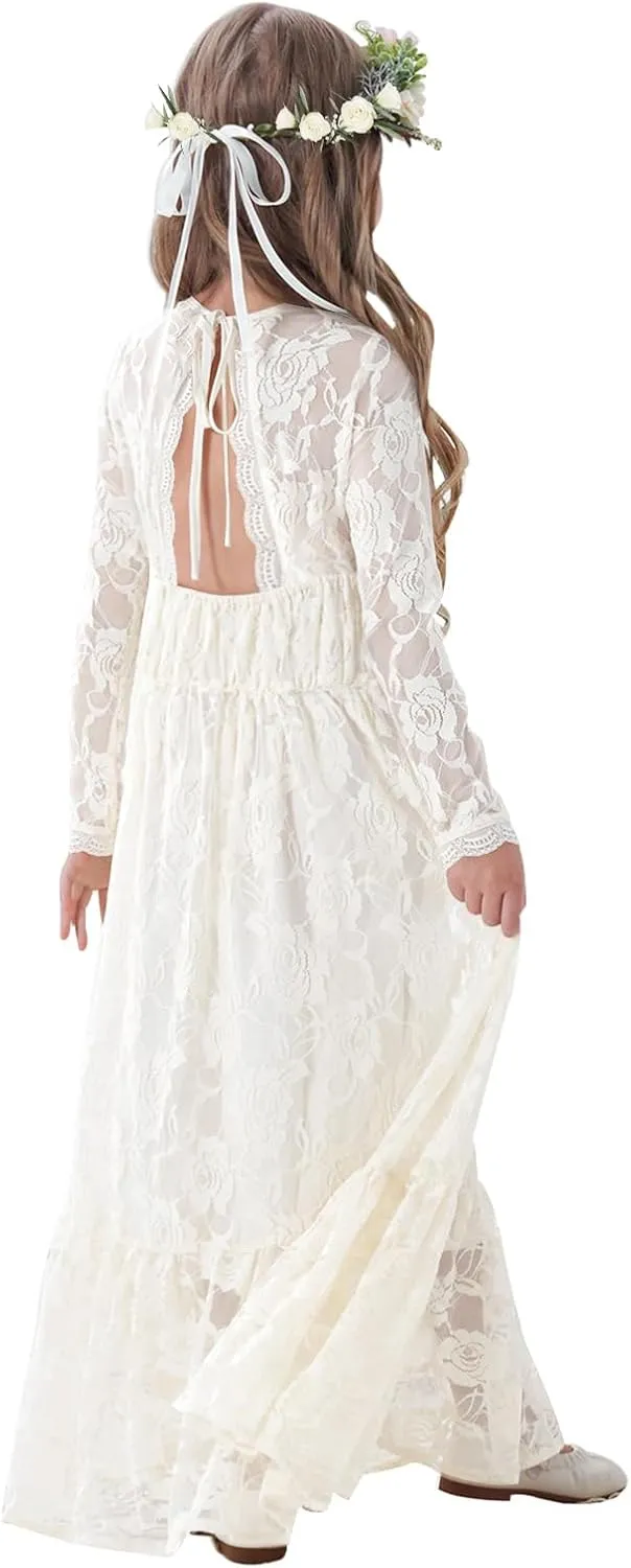 ALLOVIN Girls First Communion Dress Long Sleeve Lace Boho A-Line Flower Girl Dress for Wedding Baptism Party 3-12 Years