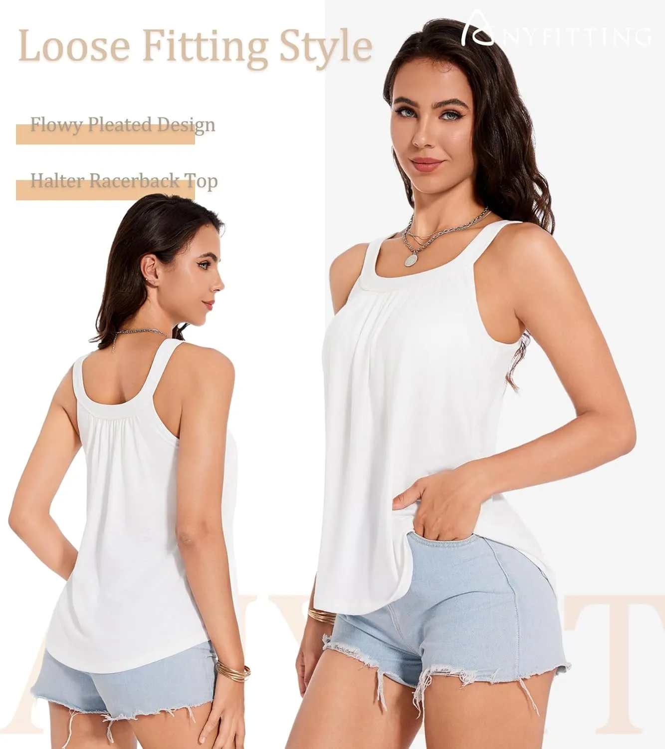 ANYFITTING Women's Built in Bra Tank Top 2025 Summer Trendy Tops Flowy Loose Fit Casual Halter Cami Camisole Outfits S-3XL