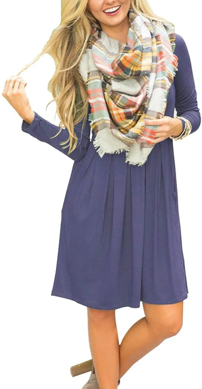 AUSELILY Women's Long Sleeve Dress Pleated Loose Swing Casual Dress with Pockets Knee Length Dresses 2025 New