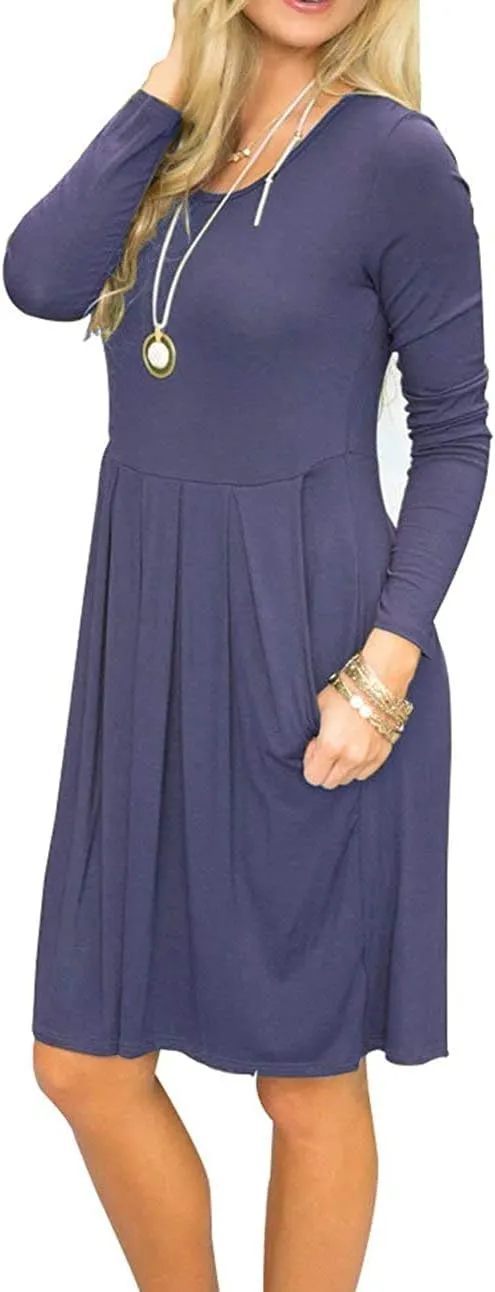 AUSELILY Women's Long Sleeve Dress Pleated Loose Swing Casual Dress with Pockets Knee Length Dresses 2025 New