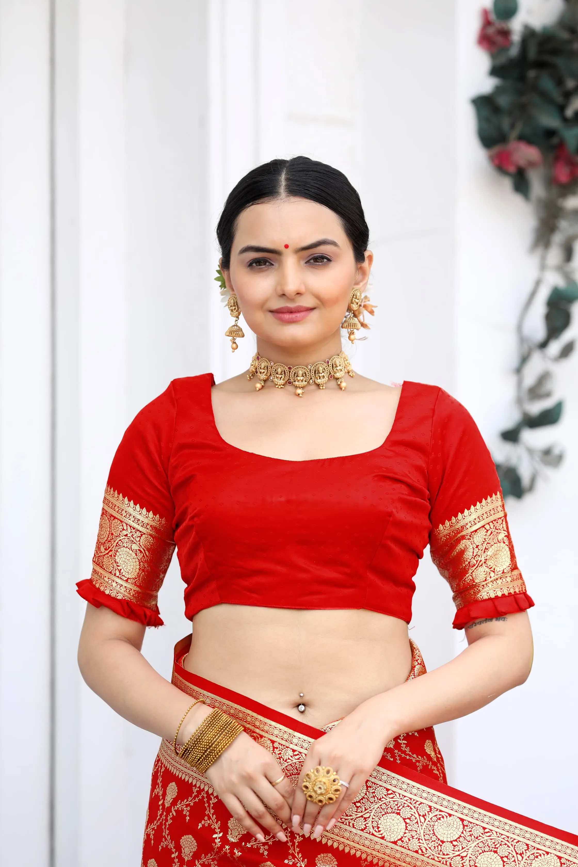 Banarasi Designer Red Mushro Satin Silk Sarees