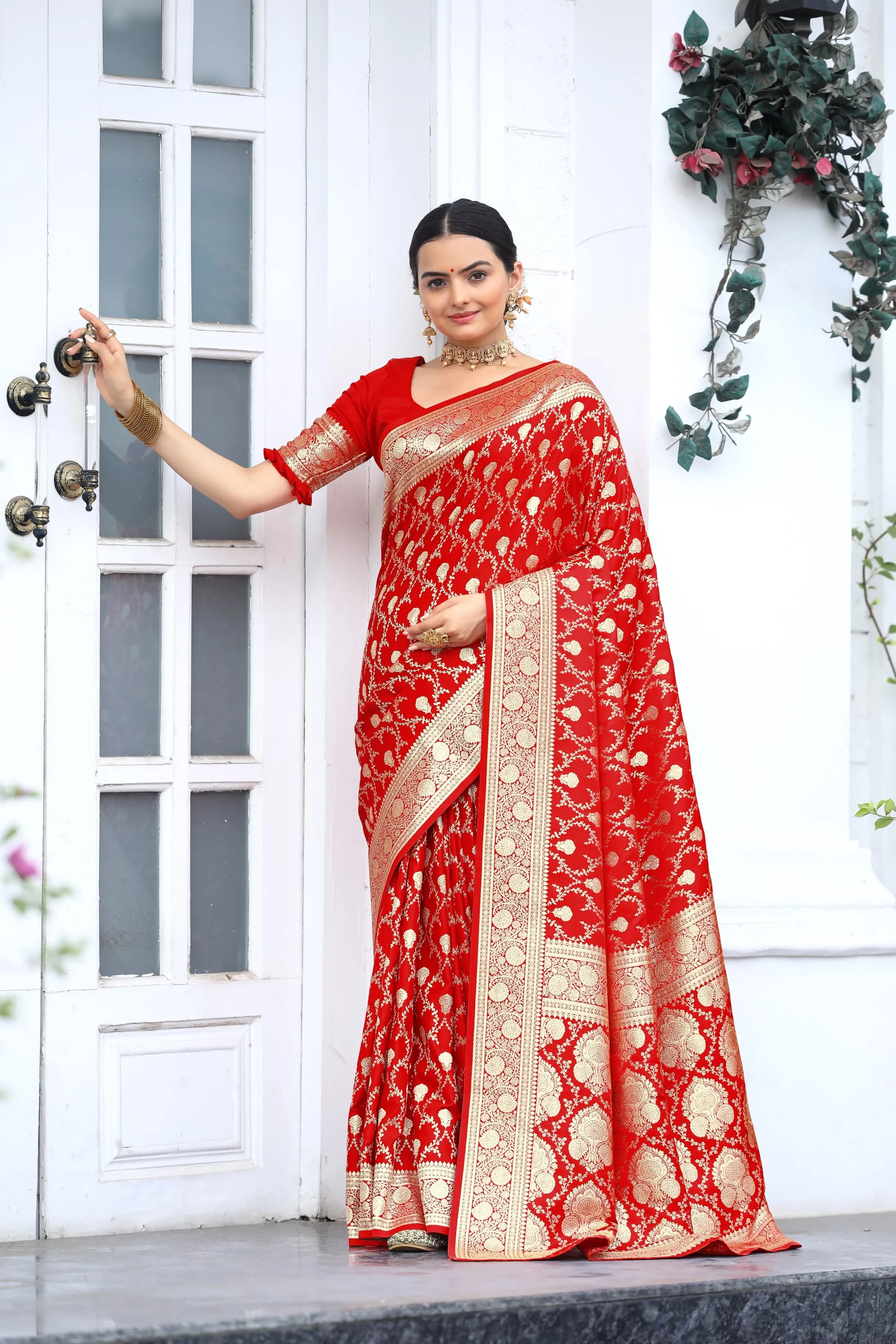 Banarasi Designer Red Mushro Satin Silk Sarees