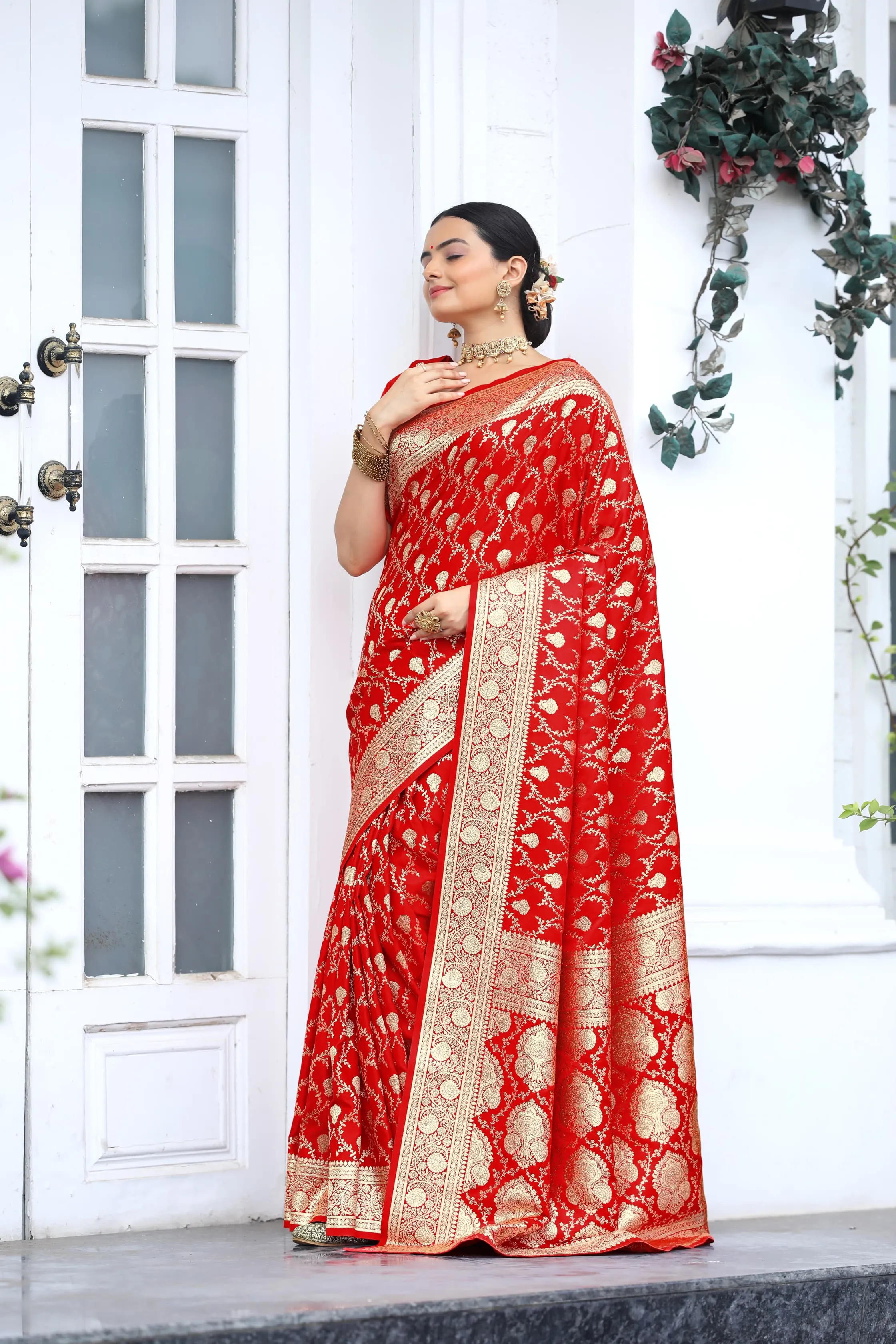 Banarasi Designer Red Mushro Satin Silk Sarees