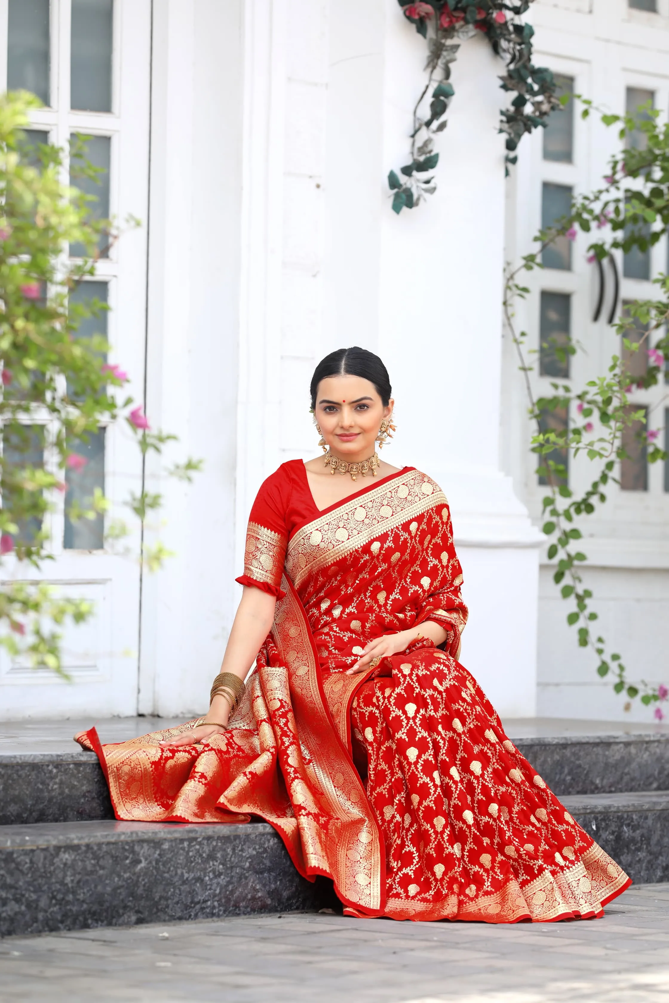 Banarasi Designer Red Mushro Satin Silk Sarees