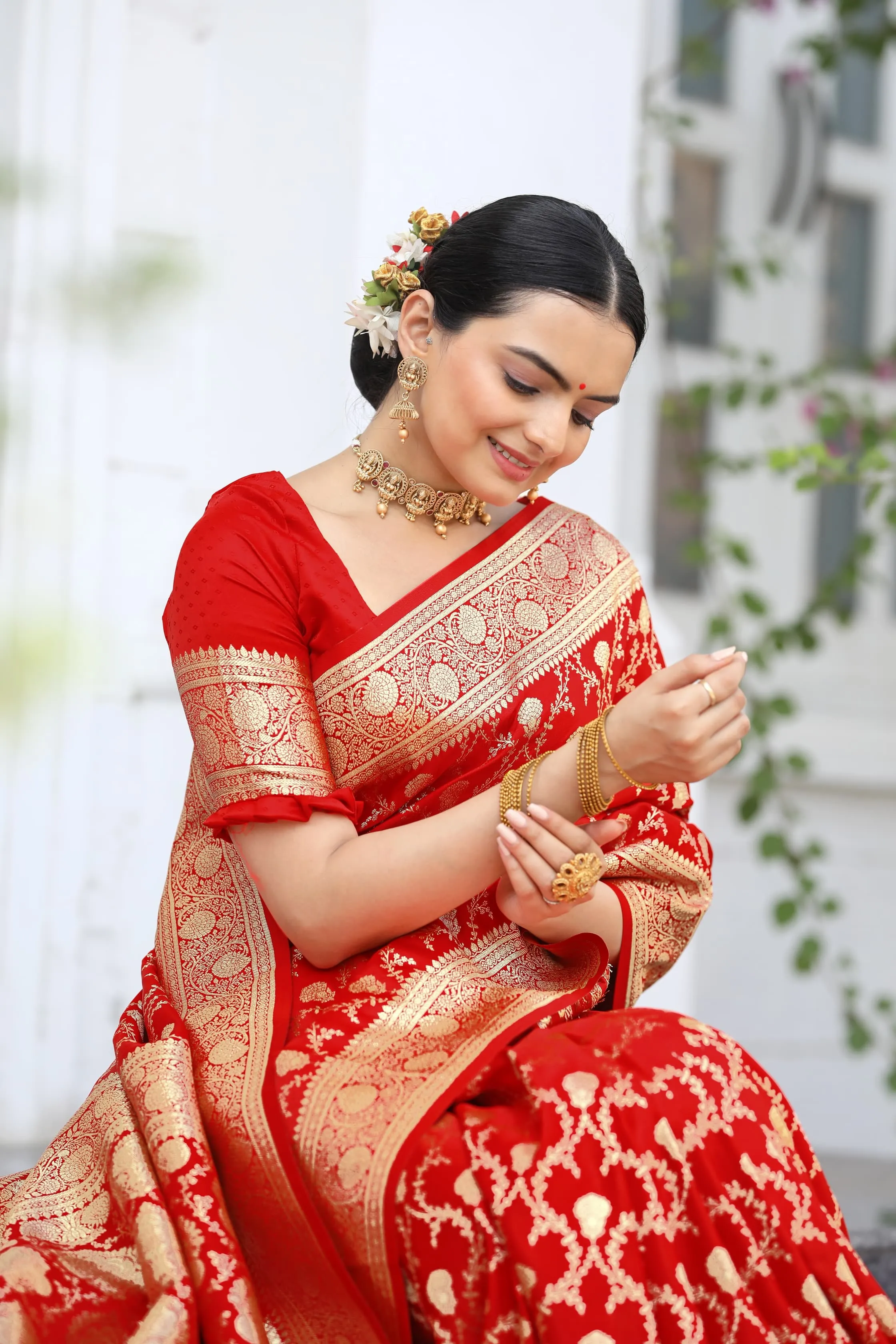Banarasi Designer Red Mushro Satin Silk Sarees
