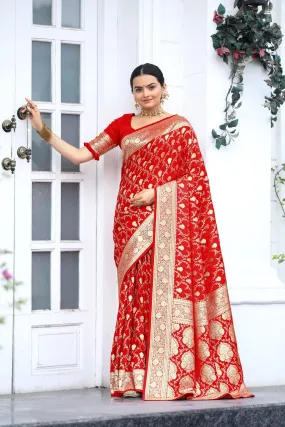 Banarasi Designer Red Mushro Satin Silk Sarees