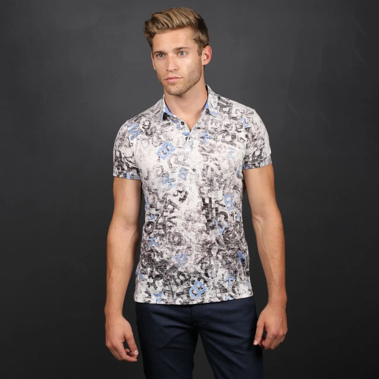 Blue Falling Letters Print Polo Shirt
