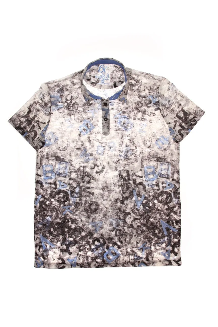 Blue Falling Letters Print Polo Shirt