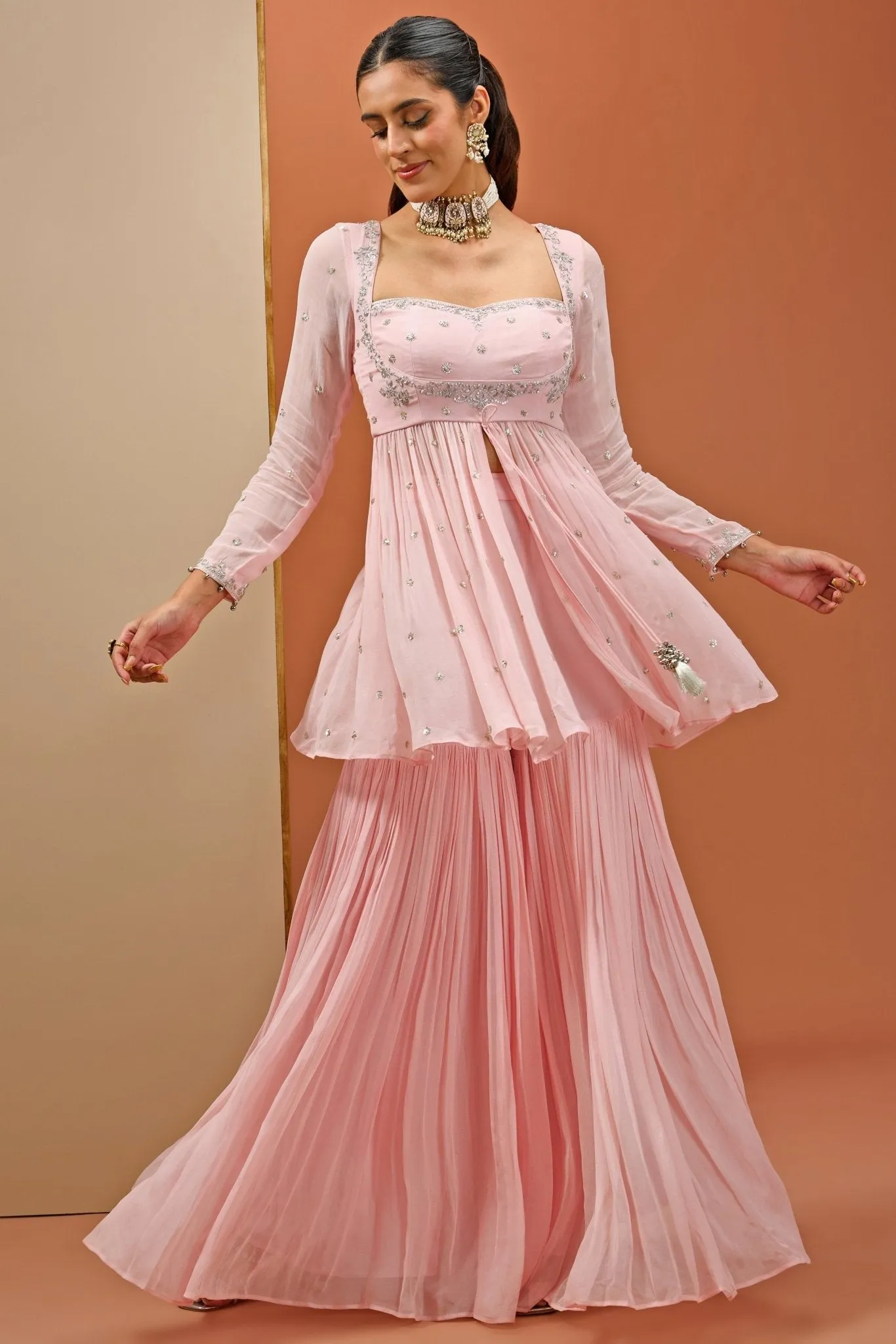 Blush Pink Embellished Georgette Peplum Kurta And Sharara Set