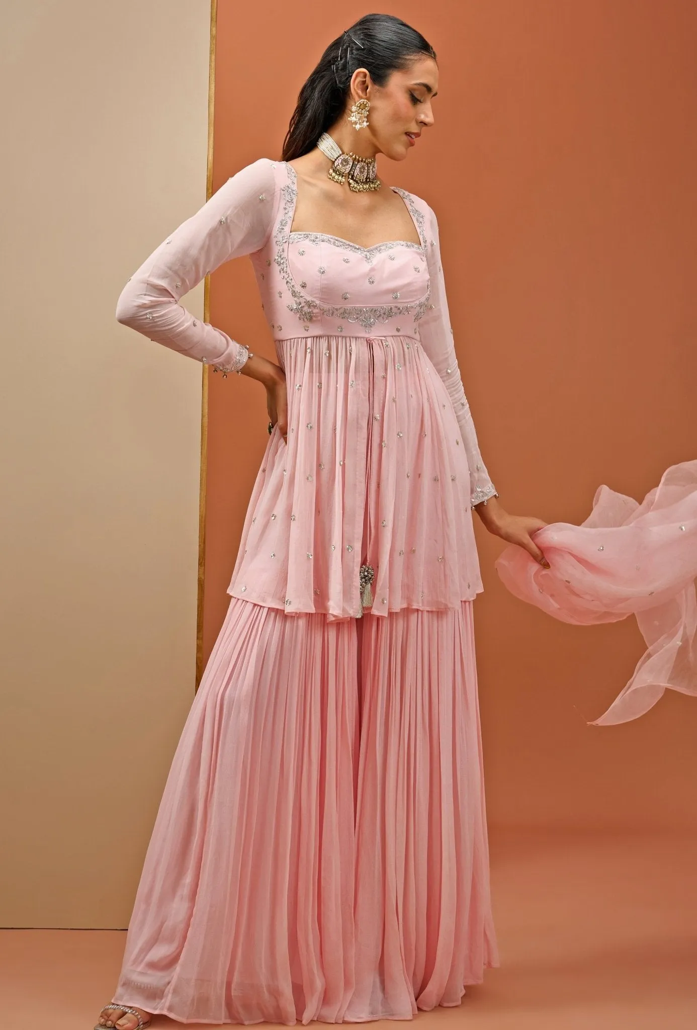 Blush Pink Embellished Georgette Peplum Kurta And Sharara Set
