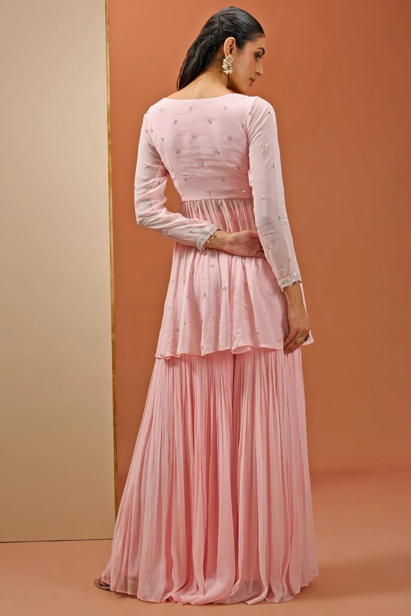 Blush Pink Embellished Georgette Peplum Kurta And Sharara Set