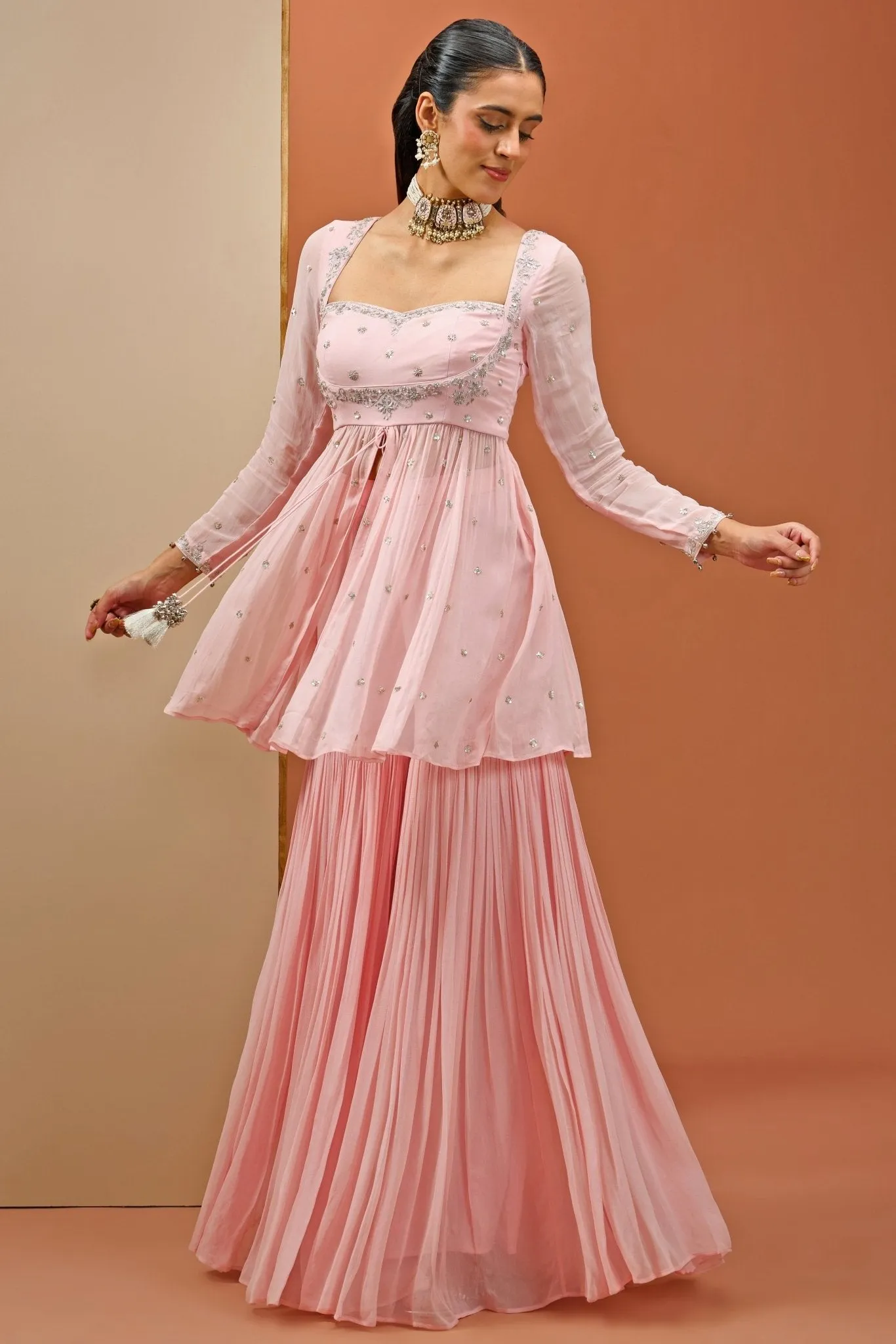 Blush Pink Embellished Georgette Peplum Kurta And Sharara Set