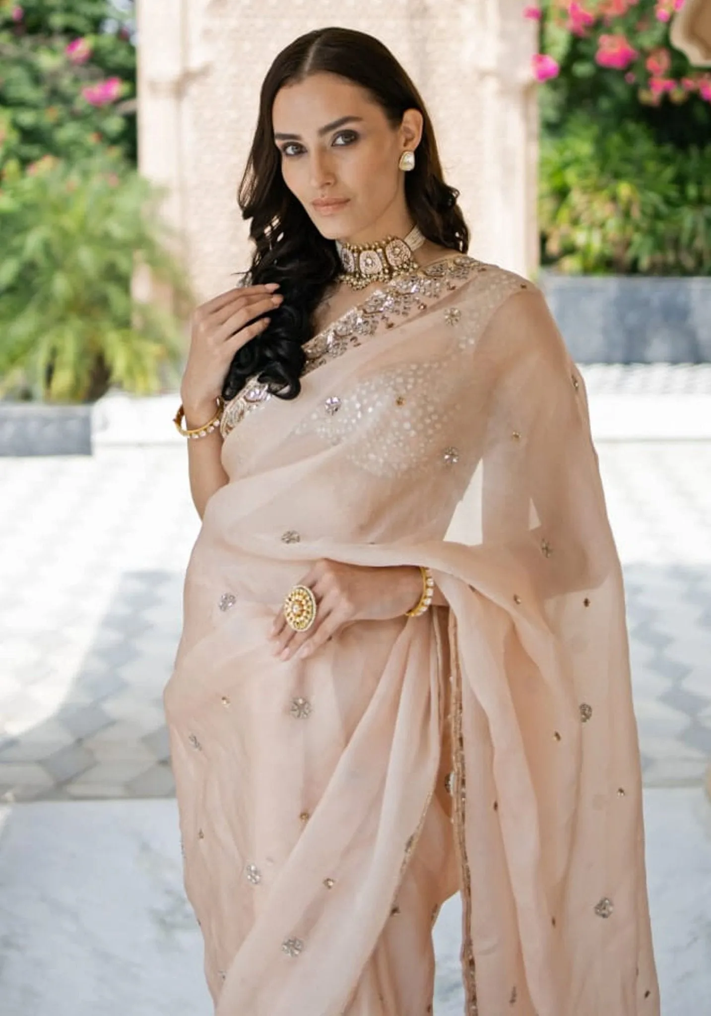 Blush Pink Mirror Embellished Organza Saree Set
