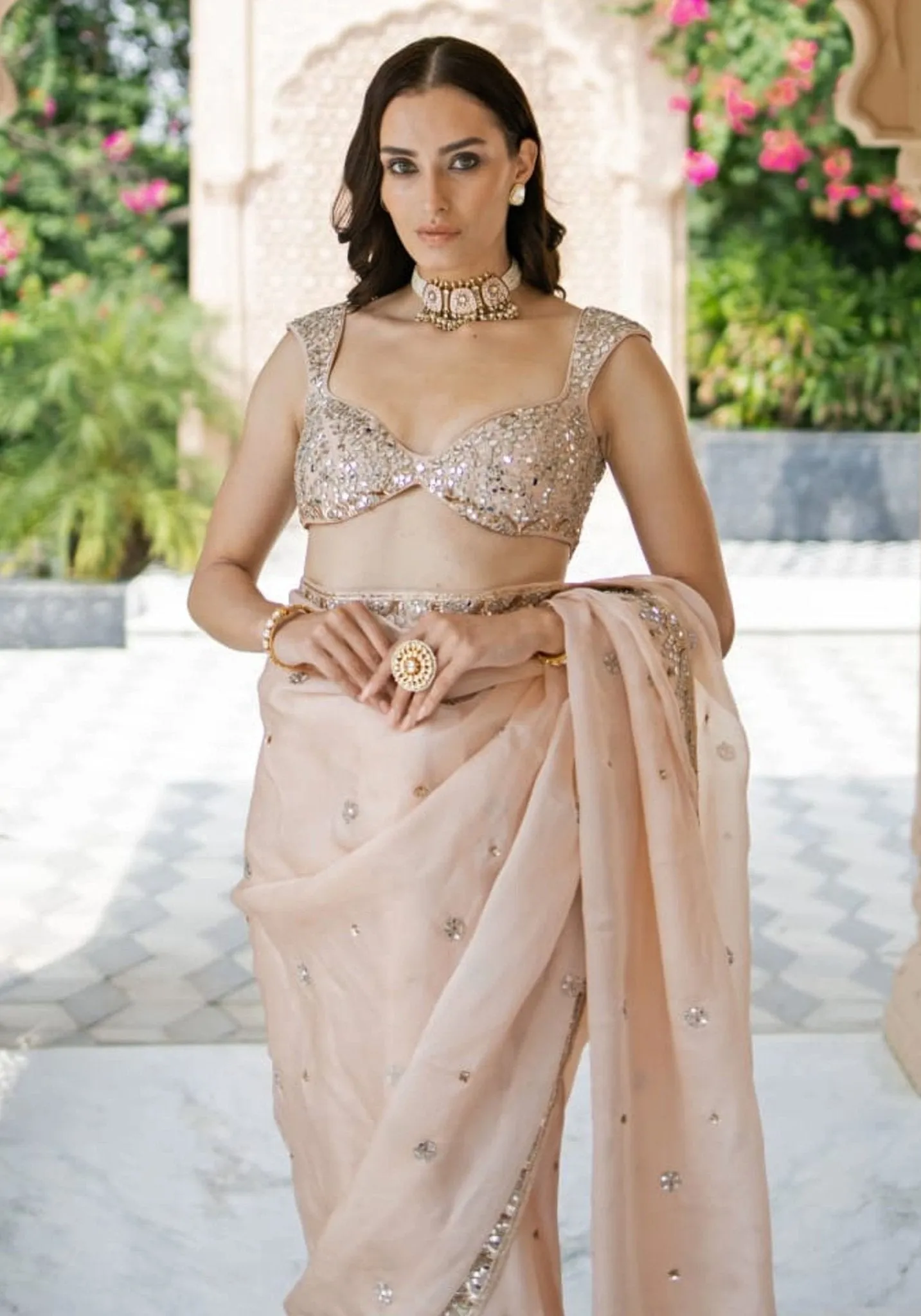 Blush Pink Mirror Embellished Organza Saree Set