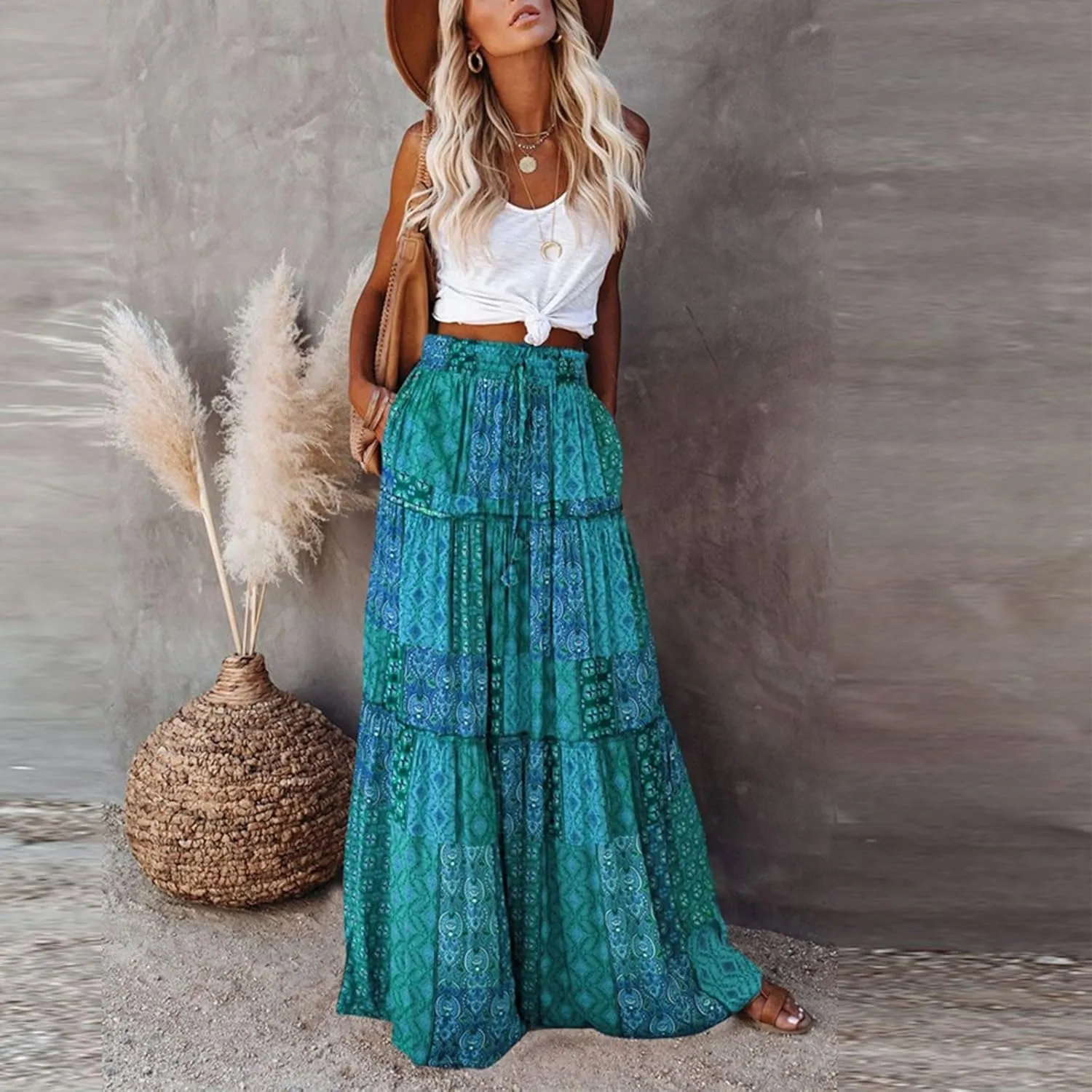 Boho Skirts for Women, Beach Maxi Casual Summer Trendy Flowy Womens Skirts