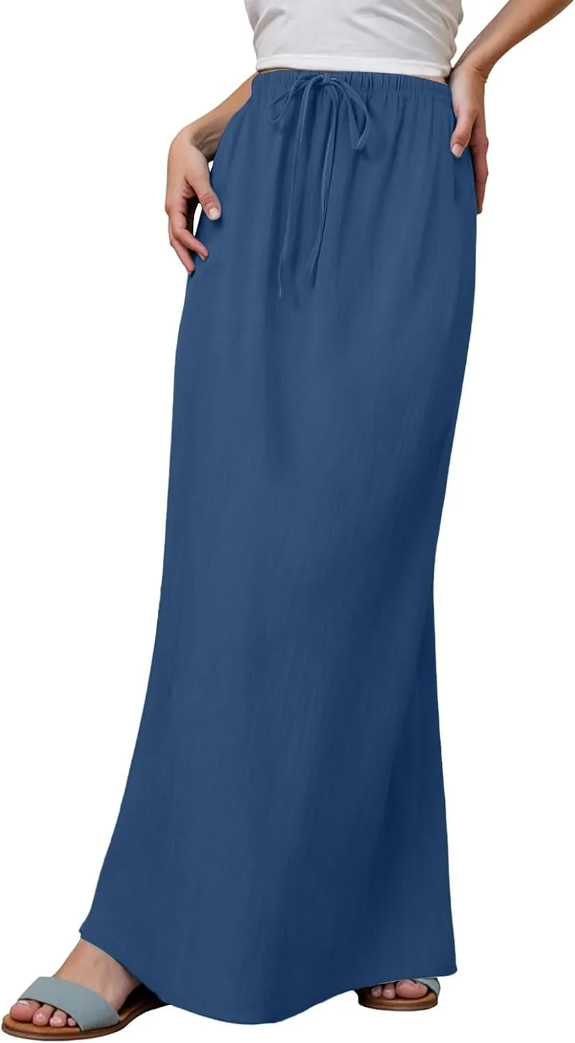 Boho Skirts for Women,2025 Summer Cotton Linen Maxi Skirts Drawstring a Line Long Skirt Trendy Casual Low Rise Skirt