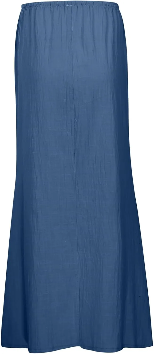 Boho Skirts for Women,2025 Summer Cotton Linen Maxi Skirts Drawstring a Line Long Skirt Trendy Casual Low Rise Skirt