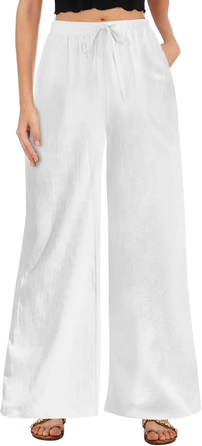 Buauty Plus Size Palazzo Cotton Linen Pants Women Wide Leg Pants Loose Fit Casual Comfy Lounge Flowy High Waist Trousers 2024 White