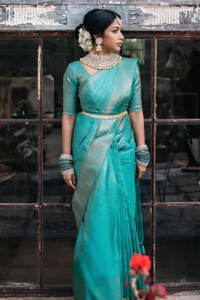 Bucolic Firozi Soft Silk Saree With Preferable Blouse Piece