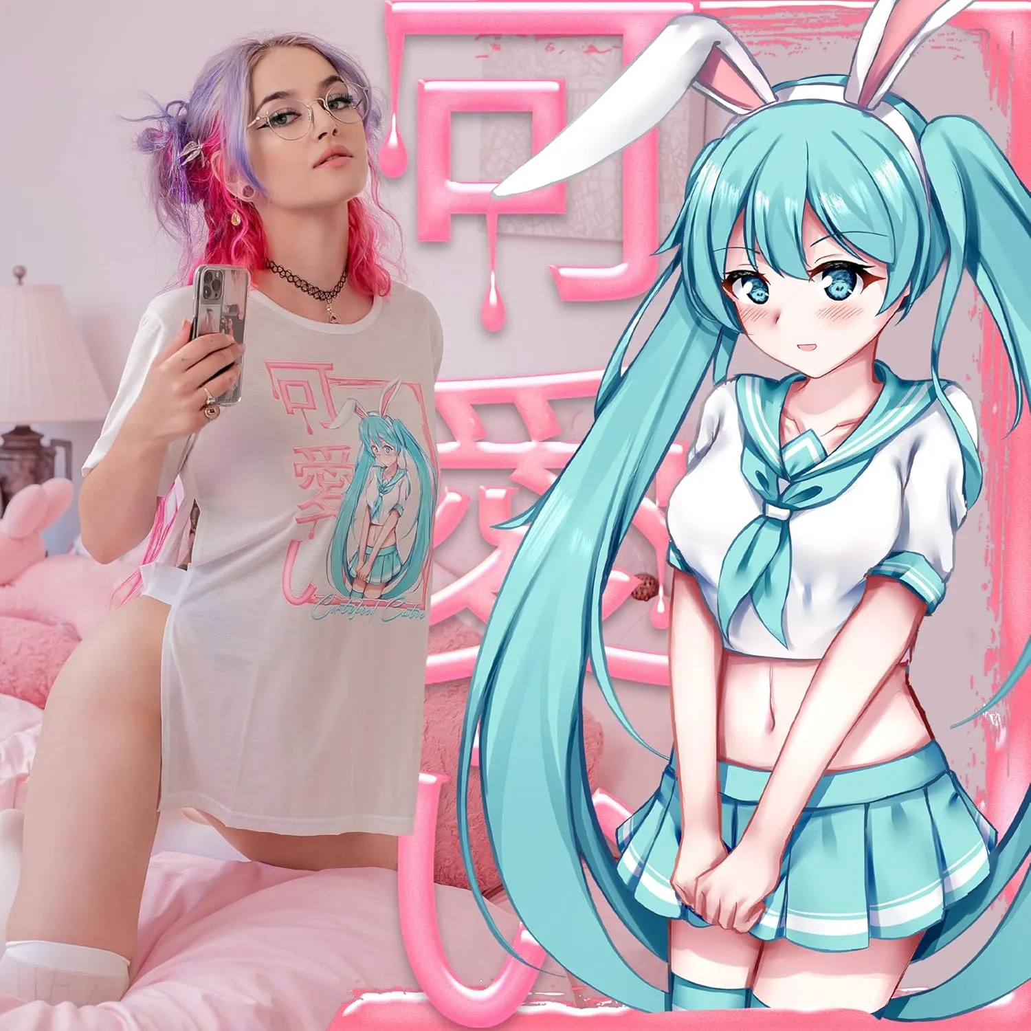 Bunnygirl Shirt with Side Splits & Anime Neko Girl Graphic Print for Cosplay and Casual Wear (S)