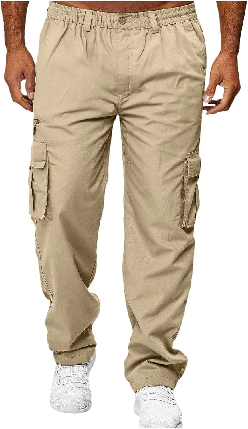 Cargo Pants for Men Wide Leg Pockets Elastic Waist Slim Legs Breathable Soft Fit Elasticity Comfy Fashion Trousers