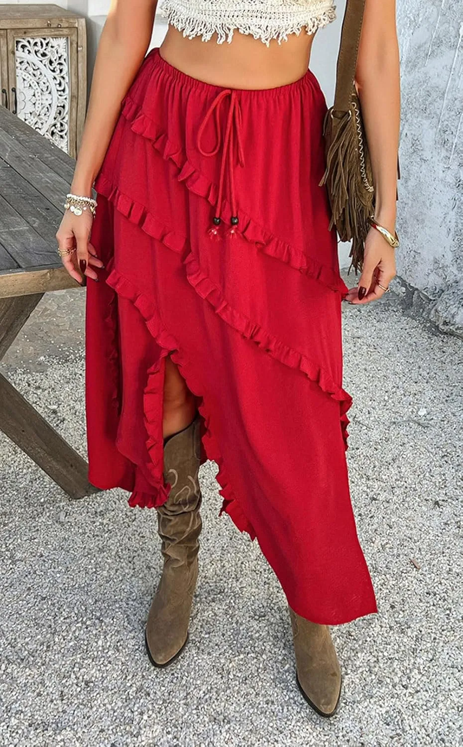 CHARTOU Split Boho Ruffle Skirt for Women Asymmetrical Summer Vacation Long Skirt