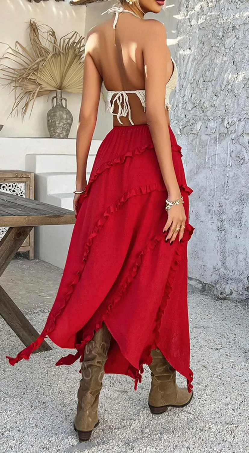 CHARTOU Split Boho Ruffle Skirt for Women Asymmetrical Summer Vacation Long Skirt