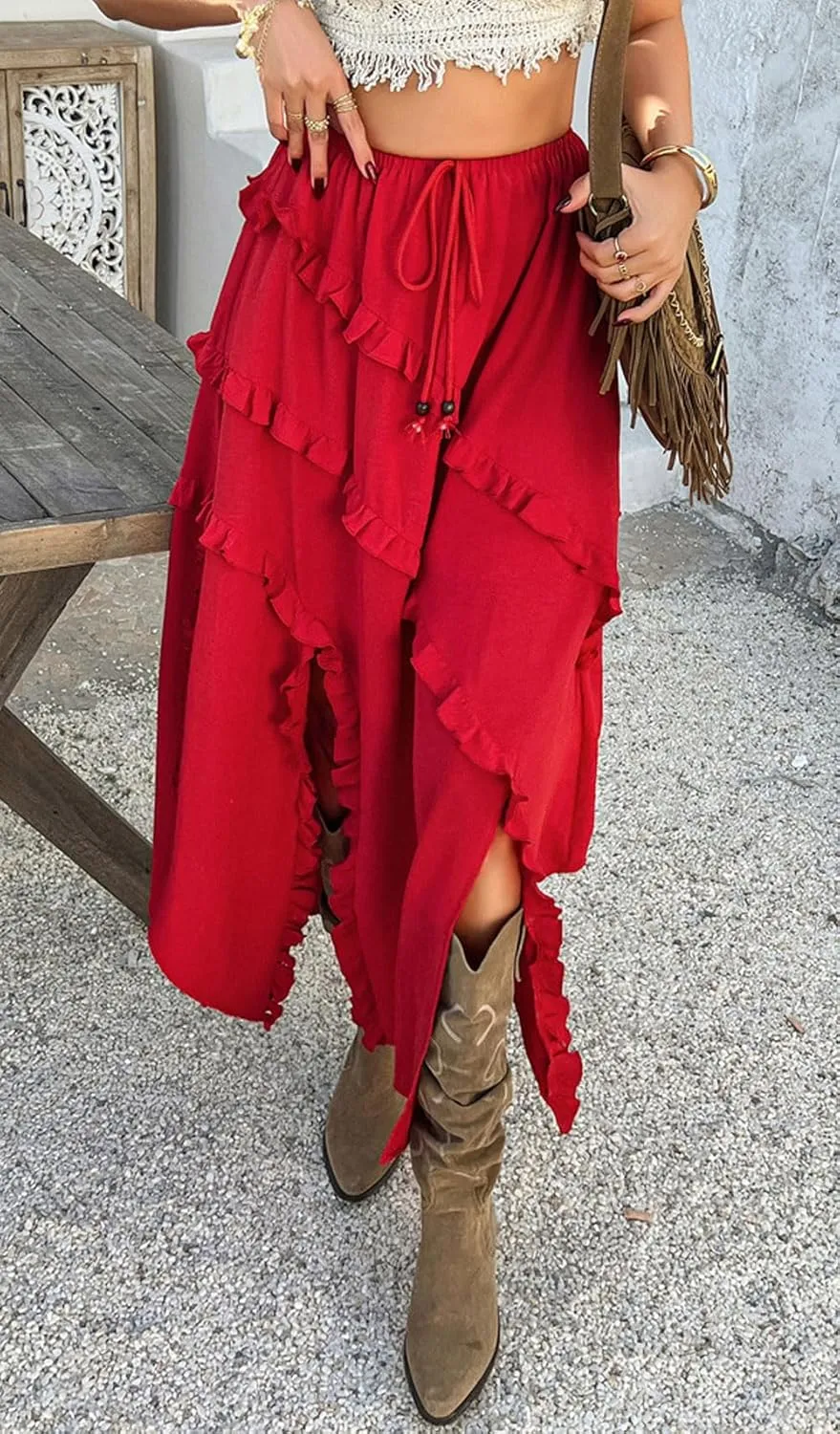 CHARTOU Split Boho Ruffle Skirt for Women Asymmetrical Summer Vacation Long Skirt