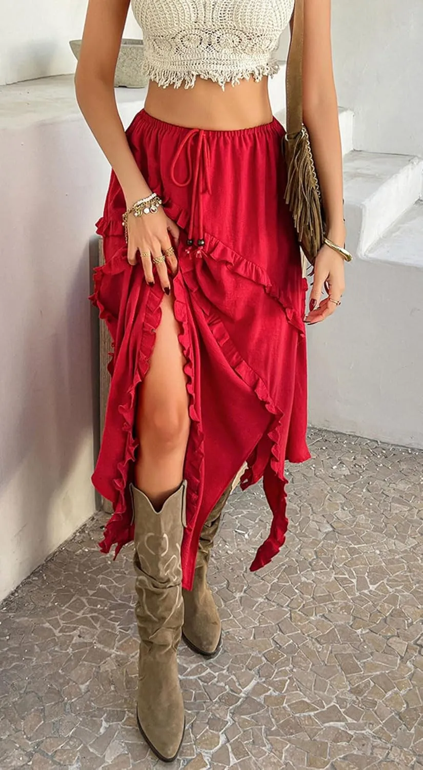CHARTOU Split Boho Ruffle Skirt for Women Asymmetrical Summer Vacation Long Skirt