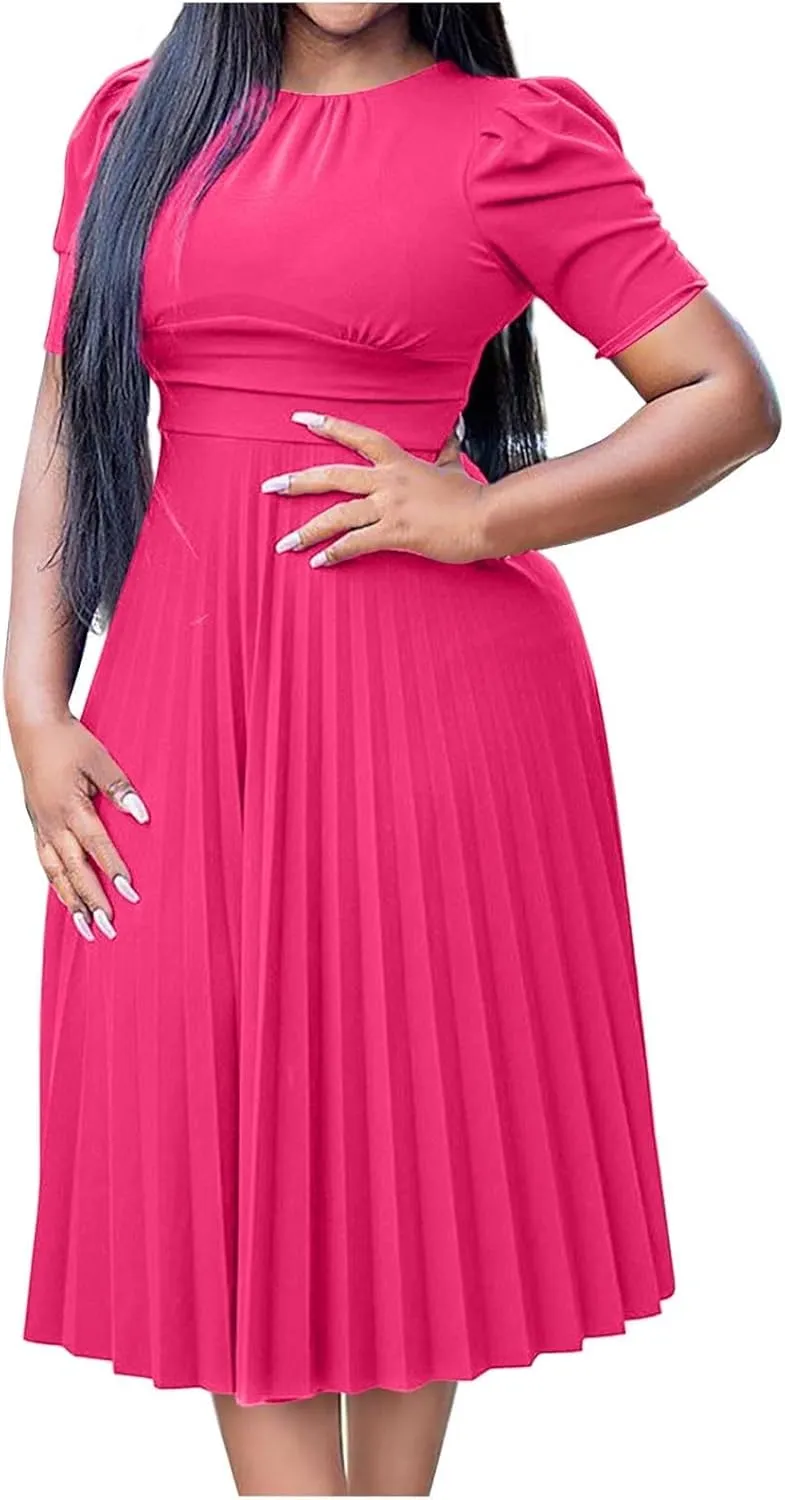 Cocktail Party Pleated Dresses for Women Puff Sleeve Bodycon Ankle Length Swing Aline Midi Dress Evening Costume