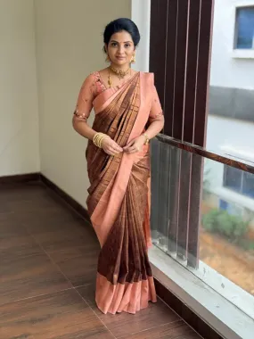 Confounding Brown Soft Silk Saree With Ratatouille Blouse Piece
