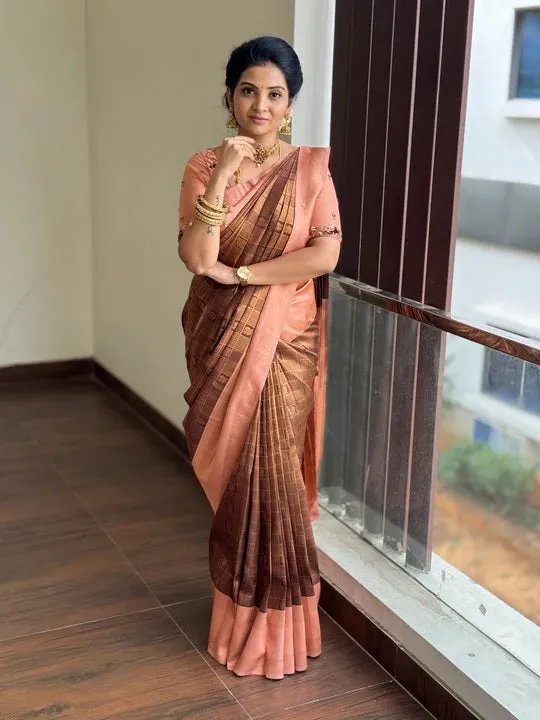 Confounding Brown Soft Silk Saree With Ratatouille Blouse Piece