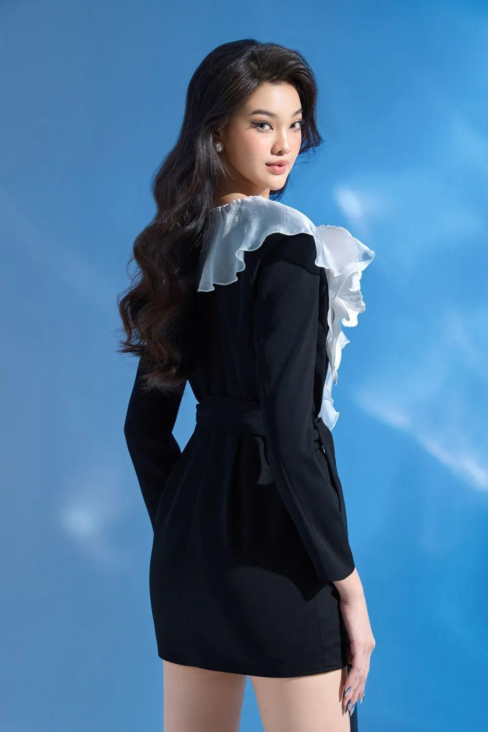Ennime Bodycon Ruffle Collar Cotton Polyester Mini Dress